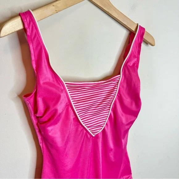 Vintage Retro Barbie Hot Pink Striped One Piece Swimsuit - Picture 3 of 9